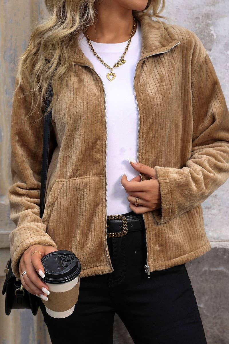 CWOJA1218_LAPEL PLUSH POCKET ZIPPER SOLID COLOR JACKET