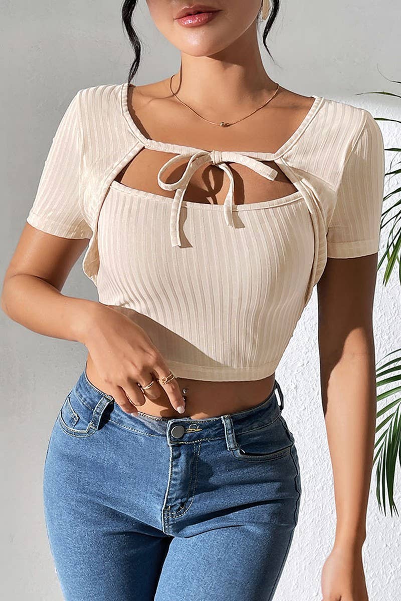 CWTBLS1767_SUMMER RIBBED SQUARE NECK FAKE TWO-PIECE T-SHIRT