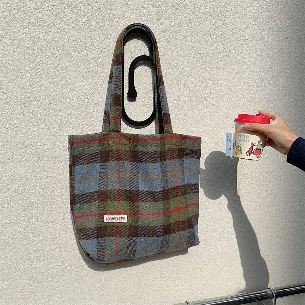 CWAB3897_LARGE CAPACITY VINTAGE PLAID TOTE SHOULDER BAG