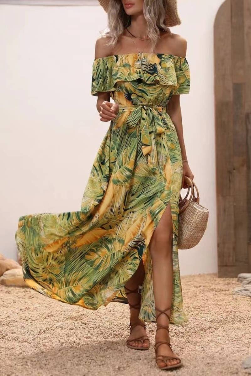 CWDMD1910_ONE-LINE SHOULDER PRINT SLIT WAIST LONG DRESS