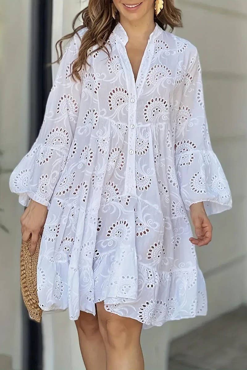 CWDSD8524_SOLID V-NECK EMBROIDERED LACE HOLLOW DRESS