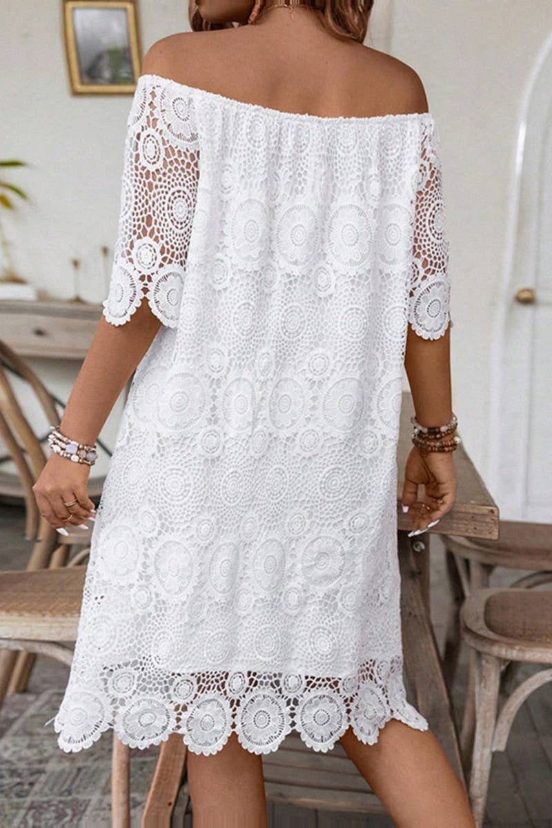 CWDSD10529_SUMMER SOLID COLOR ONE-SHOULDER HOLLOW LACE DRESS