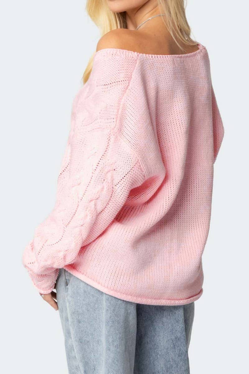 CWOSWL07422_LOOSE V NECK CABLE KNIT PULLOVER SWEATER