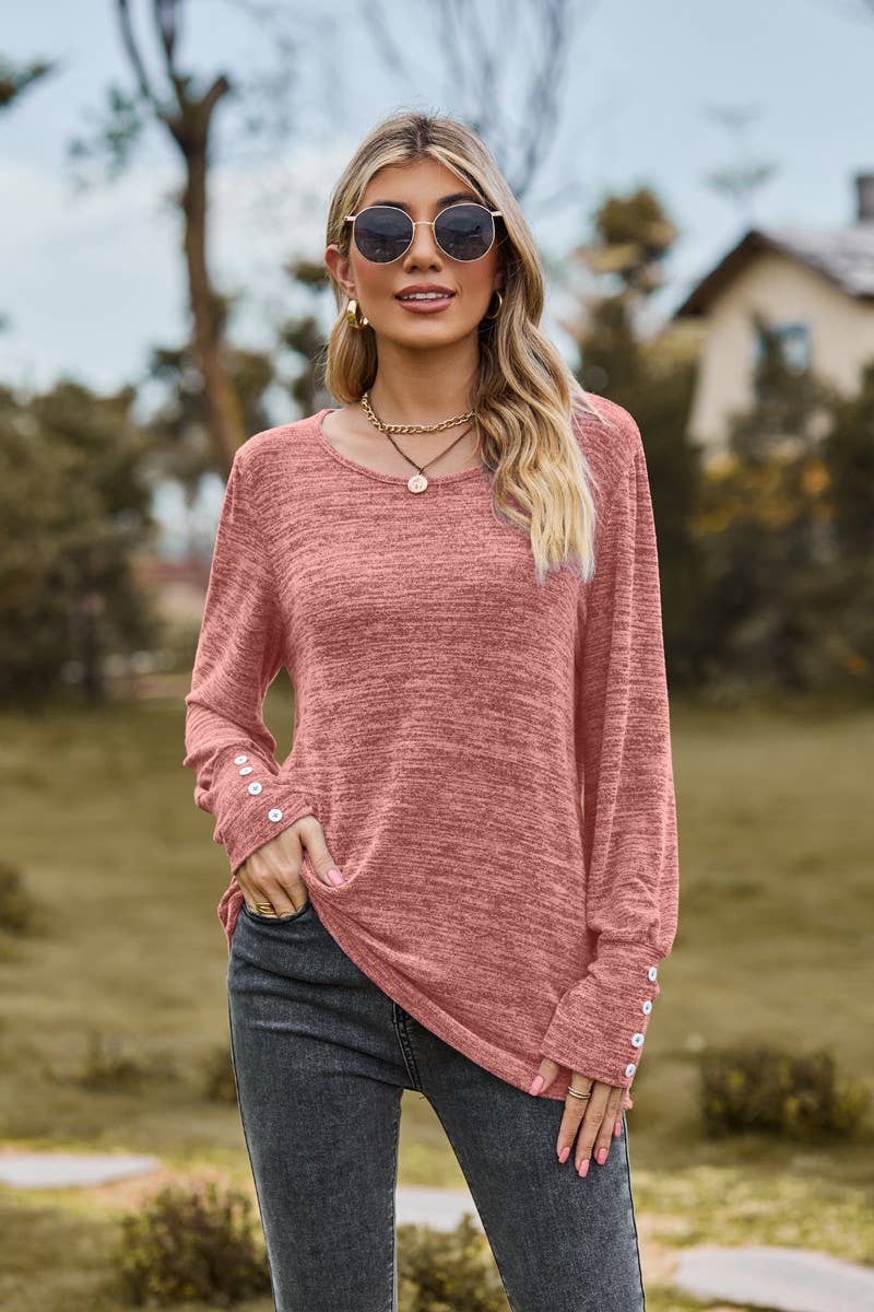 CWTBLL3688_SOLID COLOR ROUND NECK LOOSE CASUAL LONG SLEEVE T