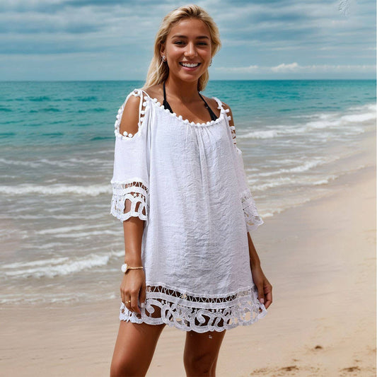 Loose Fit Lace Trim Beach Dress for Vacation