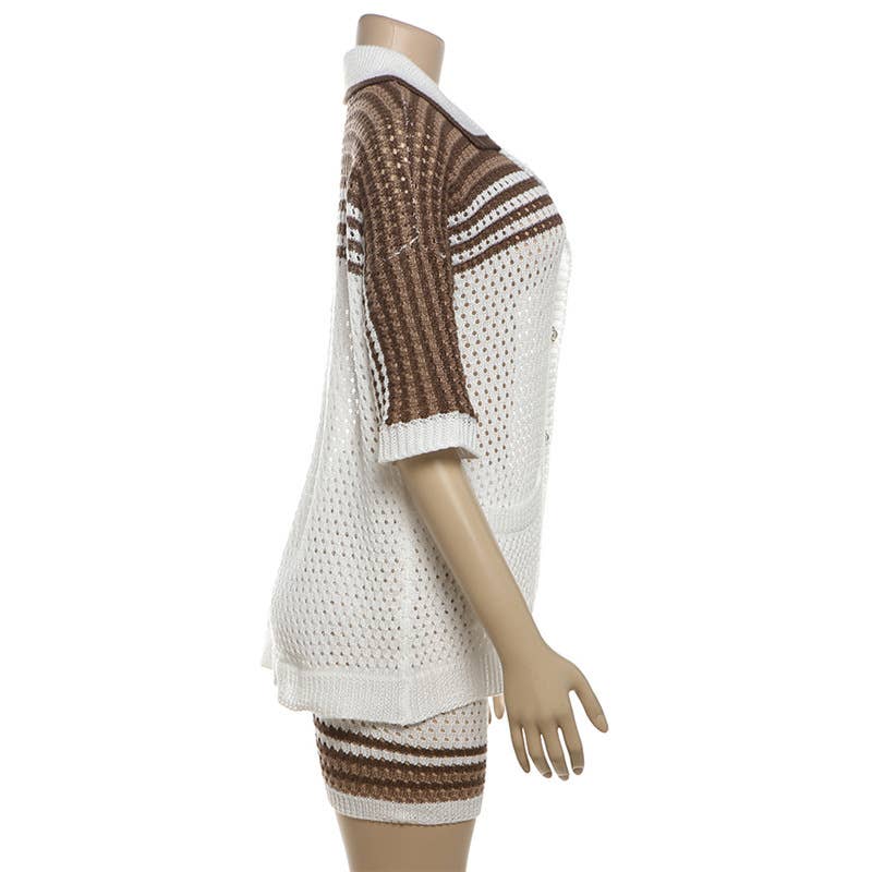 CUT-OUT LAPEL TOP HIGH-WAISTED SHORTS KNIT SUIT