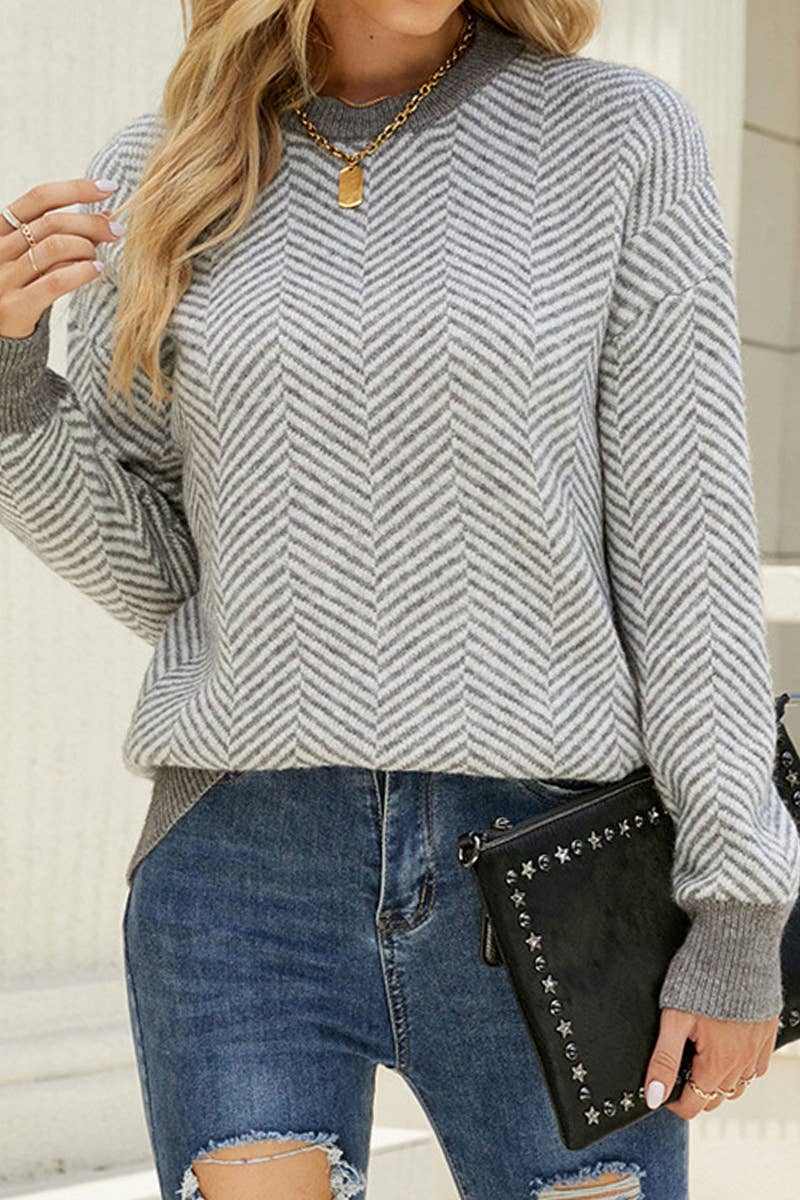 CWTTL1074 Striped Round Neck Knitted Panel Pullover Sweater