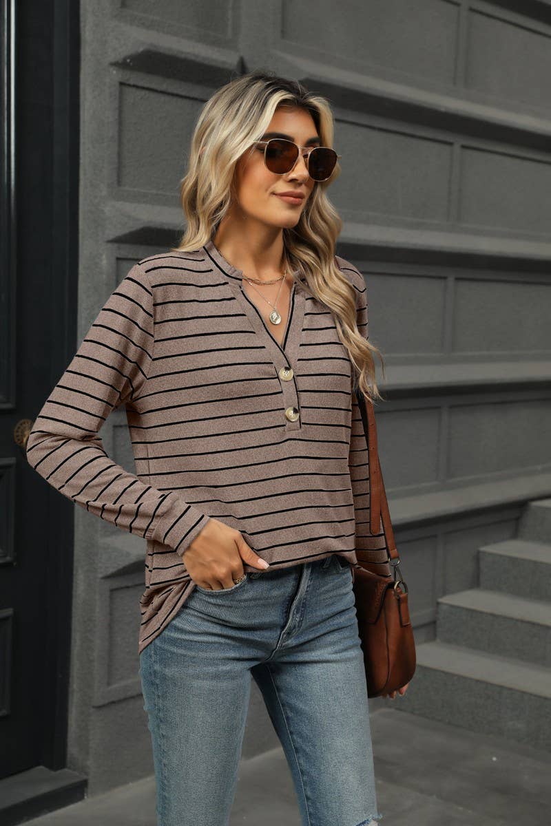 CWTBLL1864_STRIPED BRUSHED BUTTON LONG-SLEEVED T-SHIRT