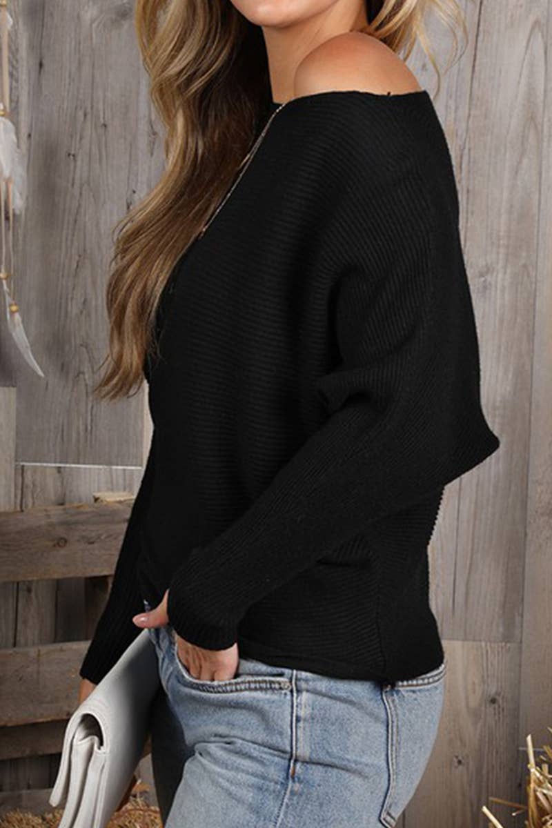 CWOSWL647_ONE SIDE OFF SHOULDER SOFT SWEATER RIB TOP