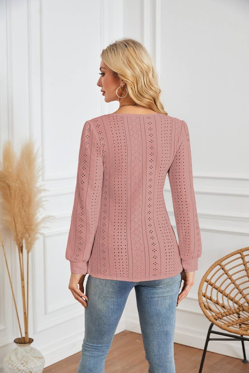CWTBLL4098_ROUND NECK EYELET PUFF SLEEVE LONG SLEEVE T-SHIRT