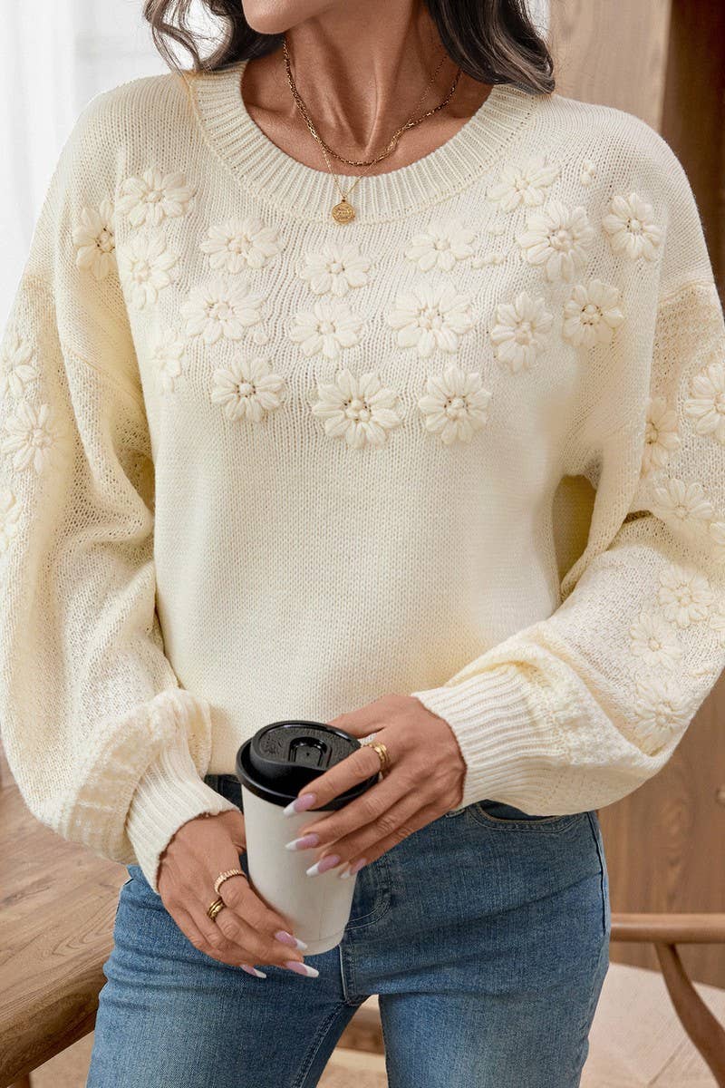CWOSWL07056_EMBROIDERED 3D DAISY LOOSE KNIT SWEATER