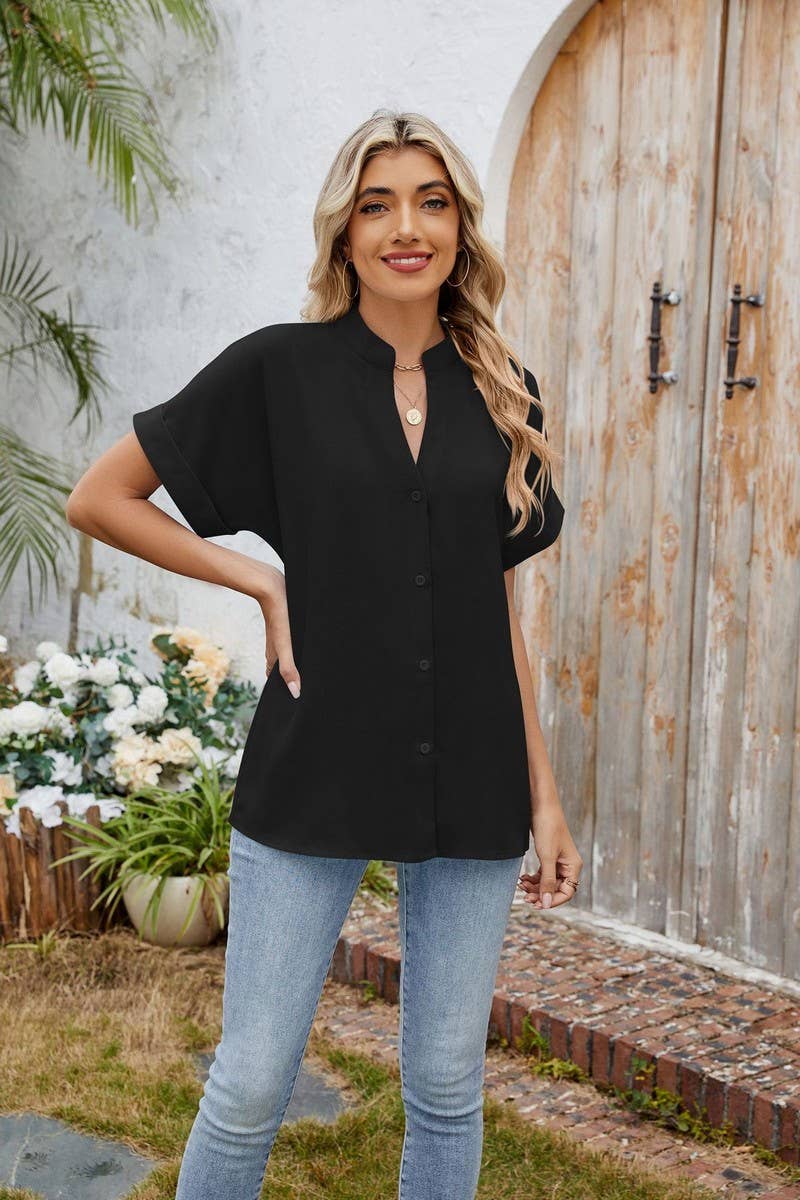 CWTBLS2280_SOLID V-NECK BUTTON DOWN CASUAL SHIRT TEE TOP