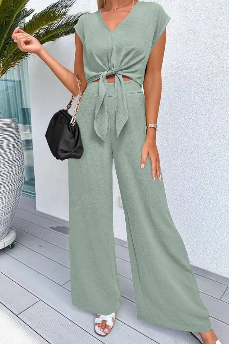 CWSS1217_V-NECK TIE CROP TOP HIGH WAIST SLIM WIDE LEG PANTS