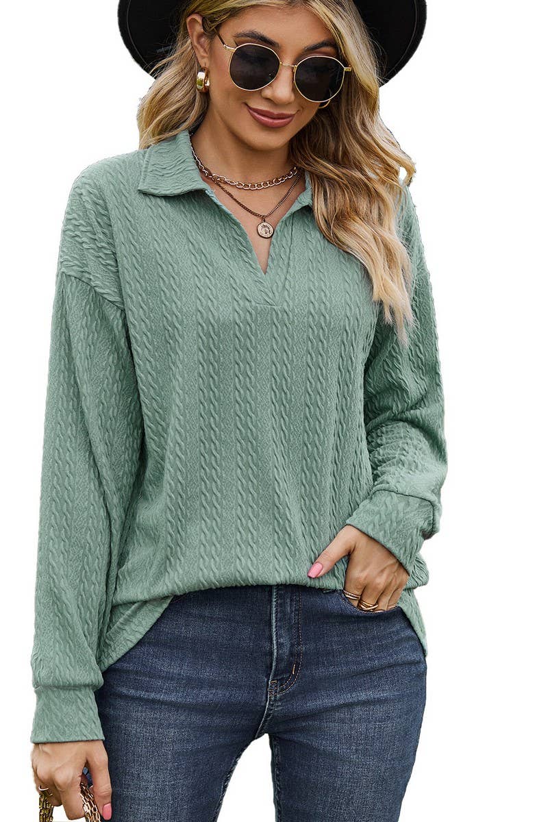 CWTBLL2376_SOLID COLOR LAPEL BUTTON LOOSE CASUAL TOP