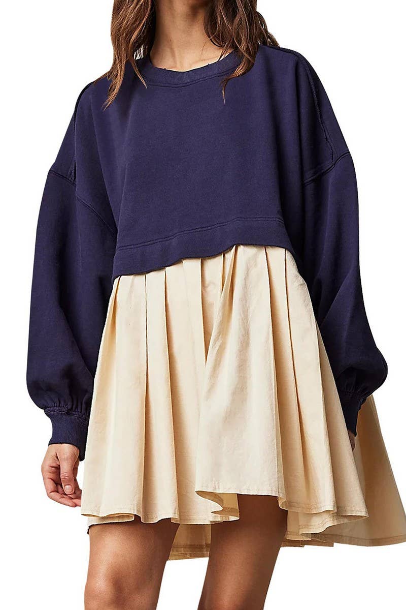 CWDSD10615_FAKE TWO-PIECE COLORBLOCK LOOSE PLEATED DRESS