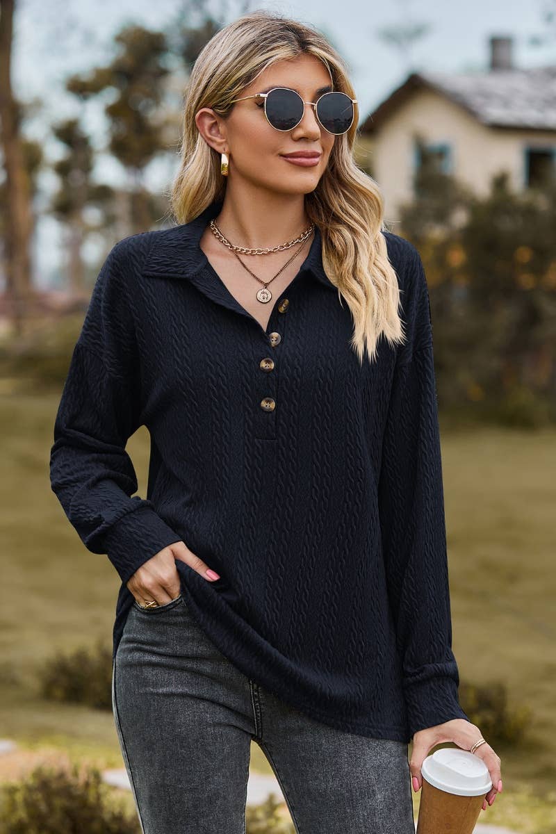 CWTBLL2803_LAPEL BUTTON-DOWN LONG-SLEEVED BAGGY TOP