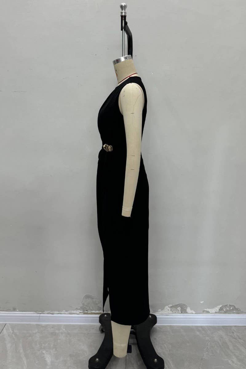 CWDMD6407_RUCHED SLEEVELESS SPLIT SOLID MIDI DRESS