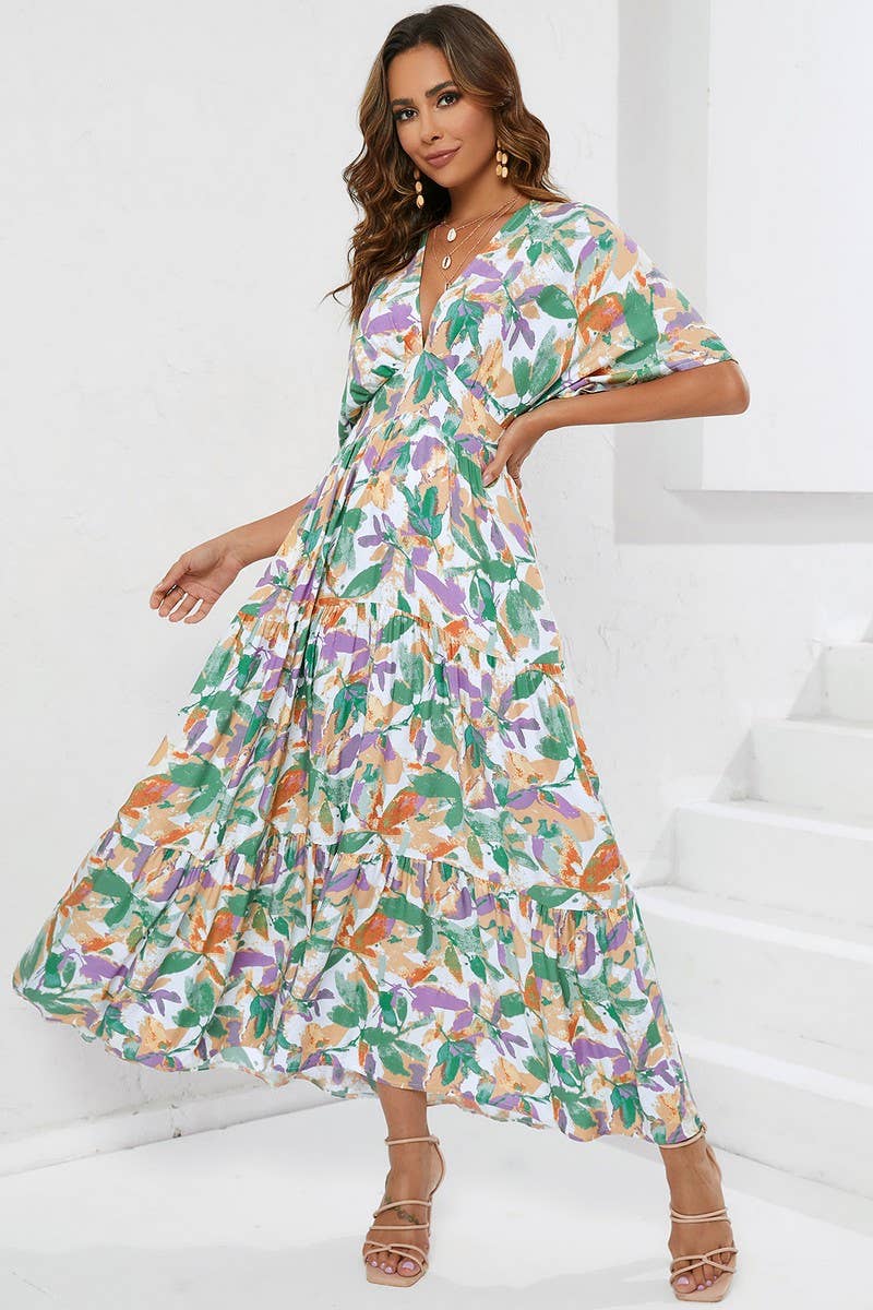 CWDMD4120_BATWING SLEEVE V-NECK PRINTED BEACH DRESS