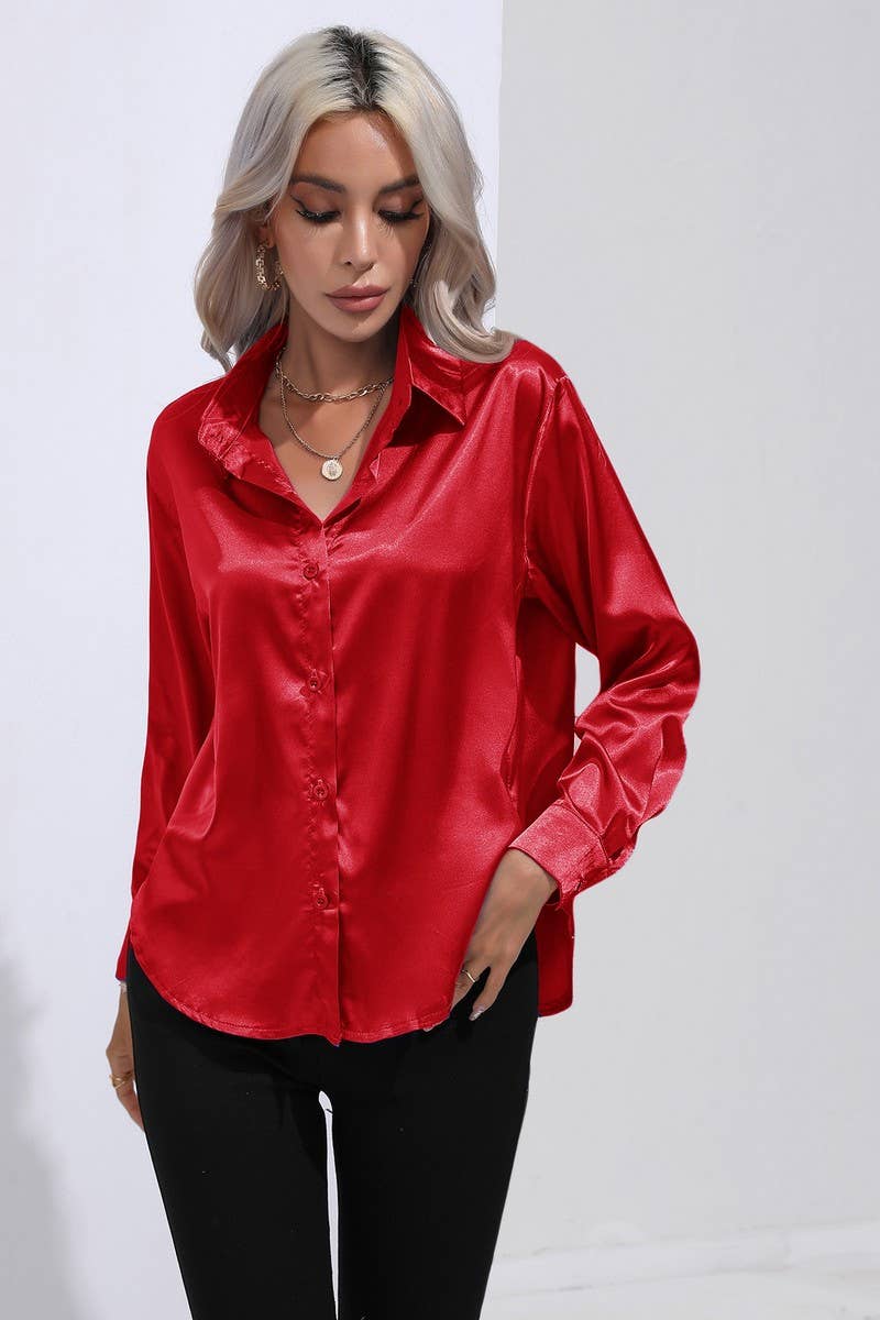 CWTBLL0690_Button Down Silky Satin Long Sleeve Top