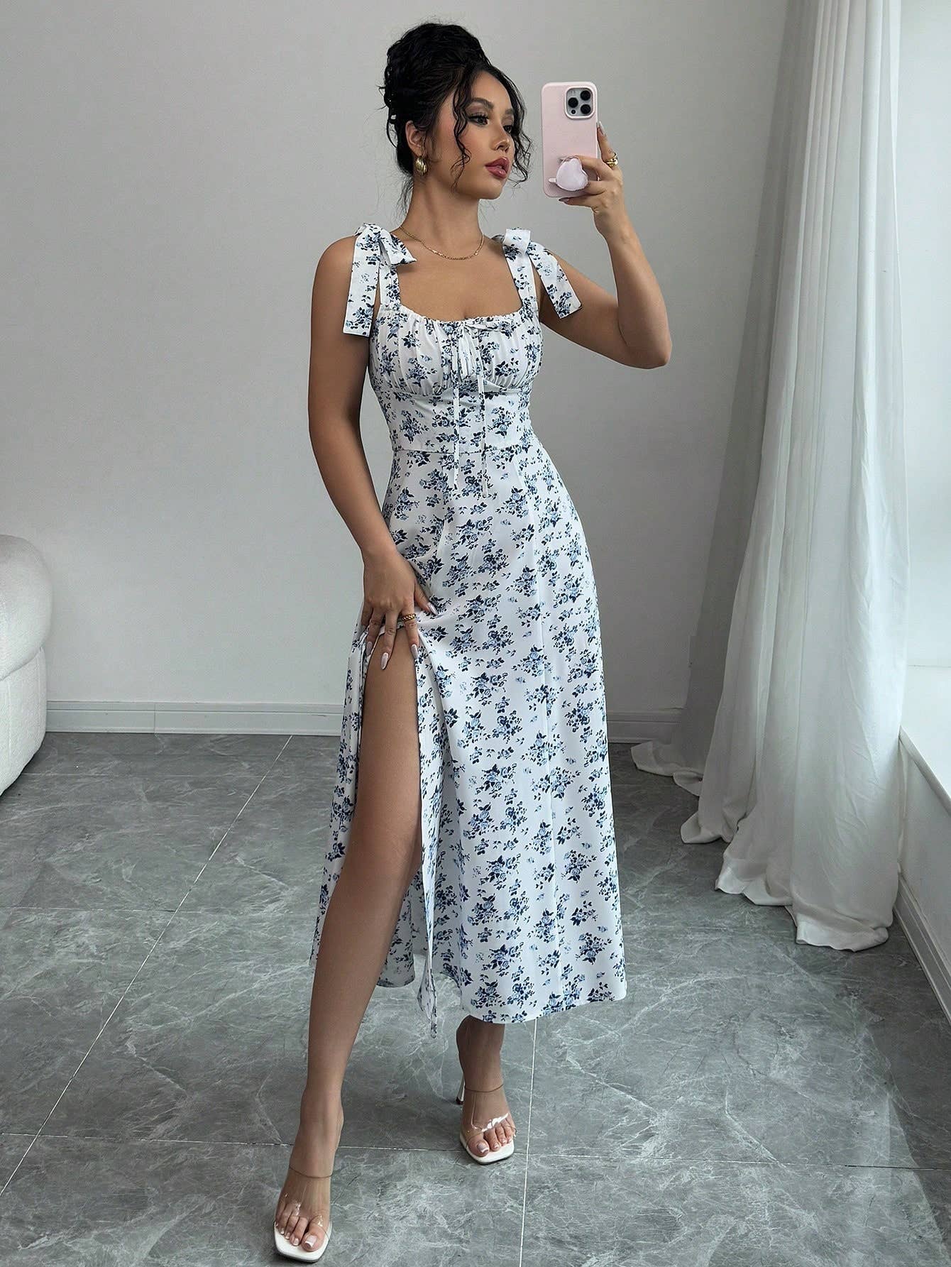 Floral design, halter straps and slits long dress