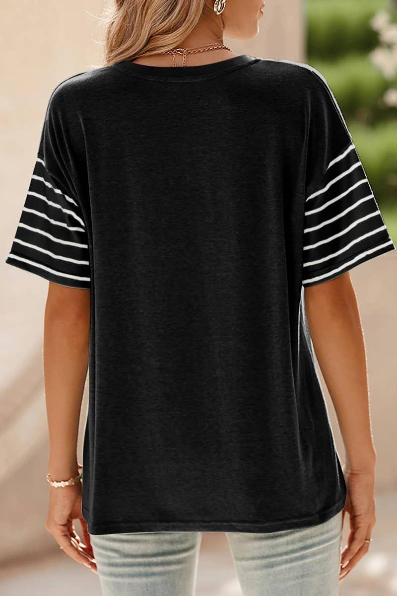 CWTTS1392_ROUND NECK CASUAL STRIPED CONTRAST COLOR T-SHIRT
