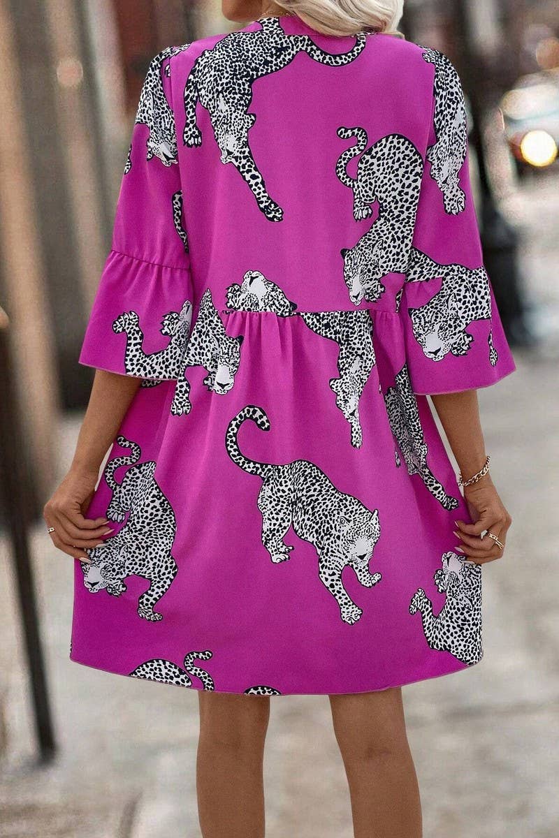 CWDSD6963_LEOPARD PRINT BUTTON BELL SLEEVE DRESS