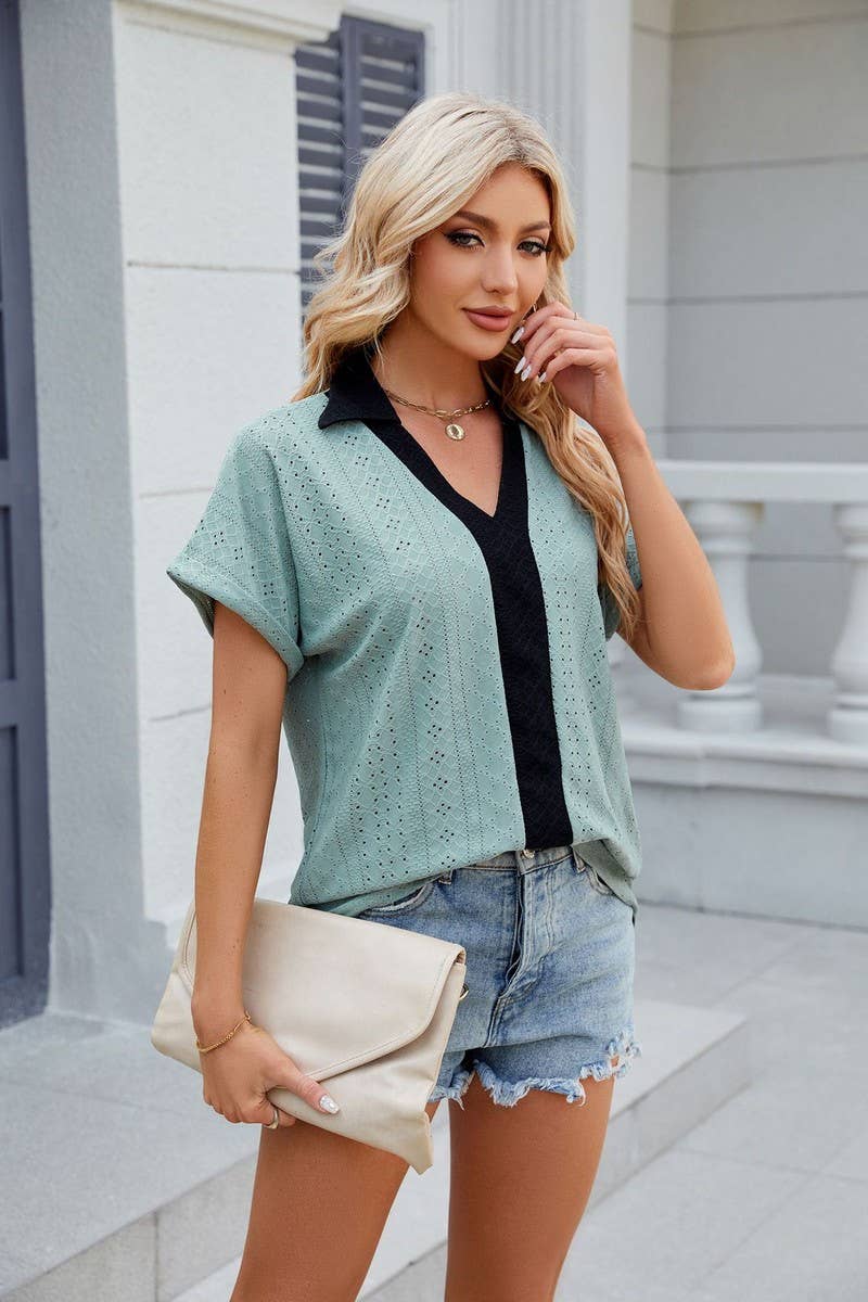 CWTTS0832_V-Neck Short Sleeve Knit Top