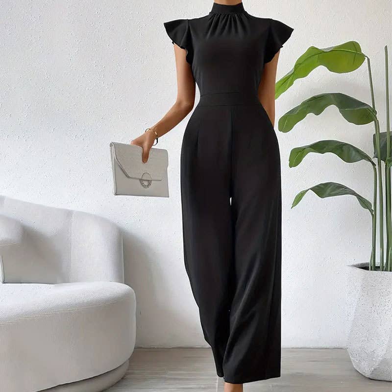 Broad-leg stand-up collar draped sleeves jumpsuit