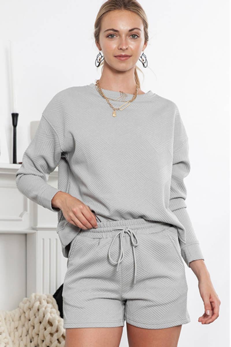 CWSS1028_FALL CREW NECK LONG SLEEVE TOP SHORTS SUIT