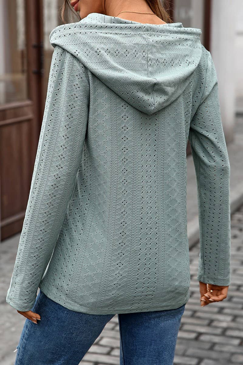 CWTTL01000_SOLID COLOR BUTTON HOODED LOOSE LONG-SLEEVED TOP