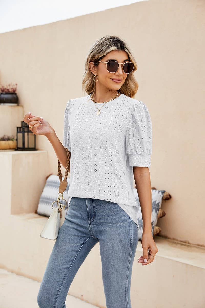 CWTBLS0615_ HOLLOW PUFF SLEEVES SHORT SLEEVED BLOUSE TOP
