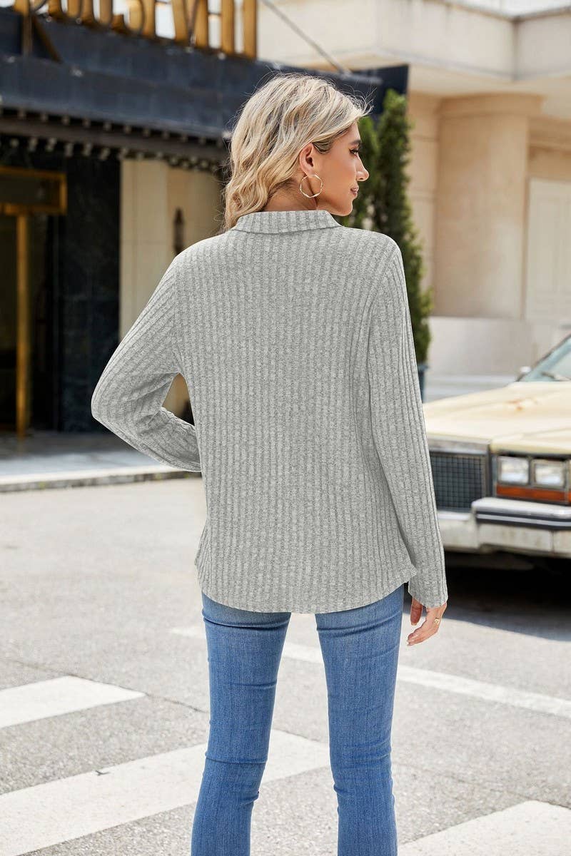 CWTBLL2329_SOLID COLOR LAPEL POCKET LONG SLEEVE LOOSE TOP