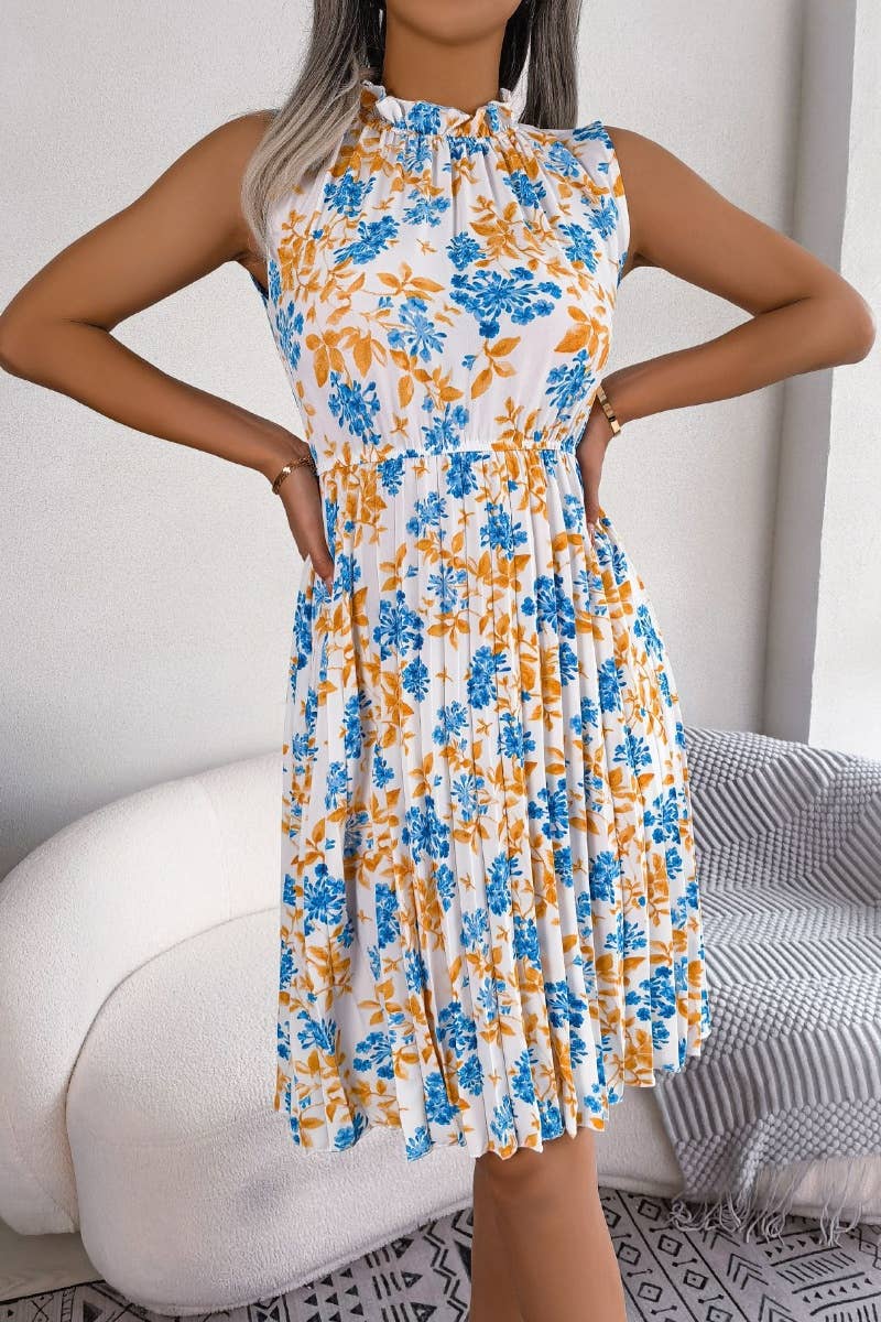 CWDSD4700_SUMMER WOODEN EAR EDGE FLOWER WAIST PLEATED DRESS