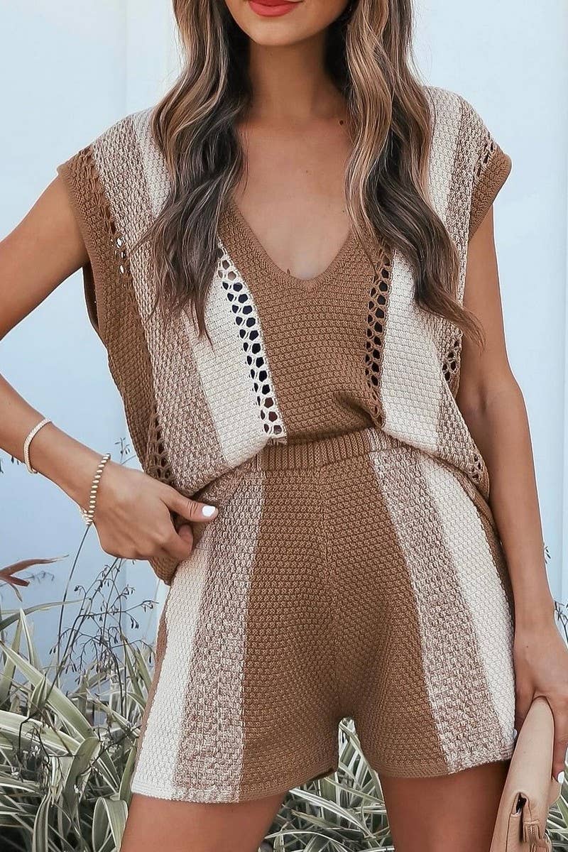 CWSTB1506_CASUAL SHORTS V-NECK KNITTED TOP TWO-PIECE SET