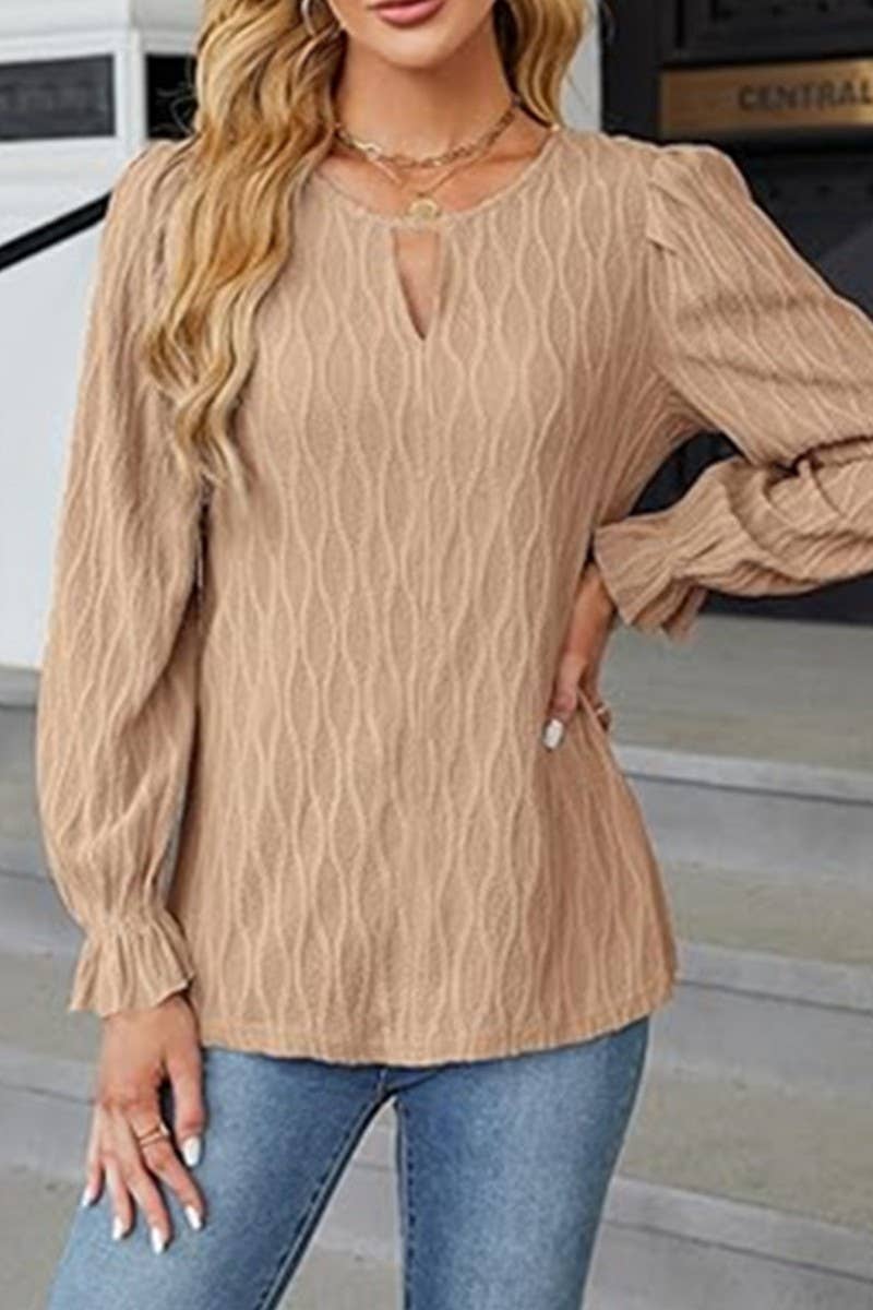 CWTBLL3615_SOLID COLOR JACQUARD ROUND NECK LONG SLEEVE TOP