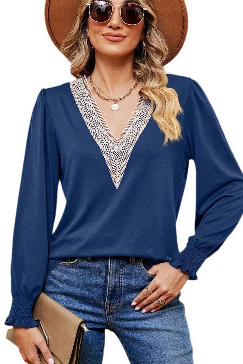 CWTBLL2395_V-NECK LACE RUFFLE SLEEVES LOOSE CASUAL TOP
