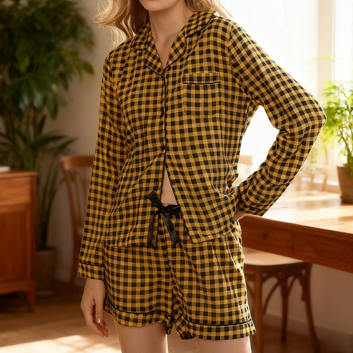 Checked long-sleeved shirt shorts pajama set