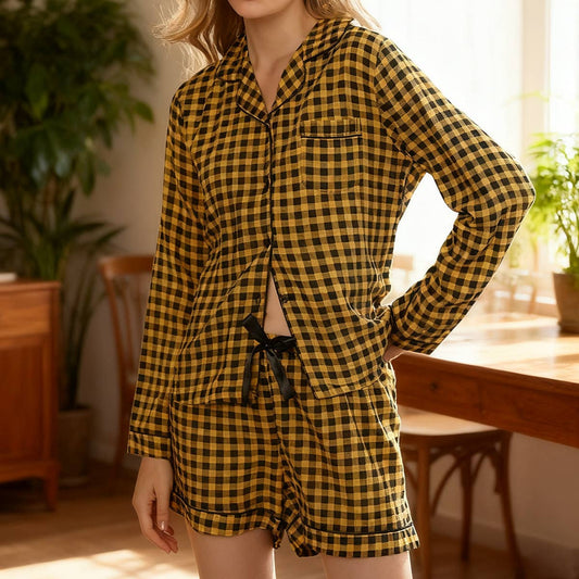 Checked long-sleeved shirt shorts pajama set