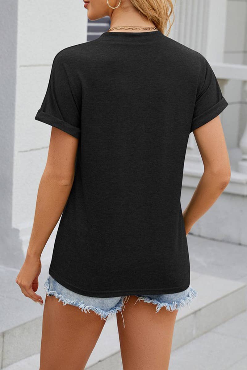 CWTTS1348_SOLID COLOR V-NECK BUTTON SHORT-SLEEVED T-SHIRT