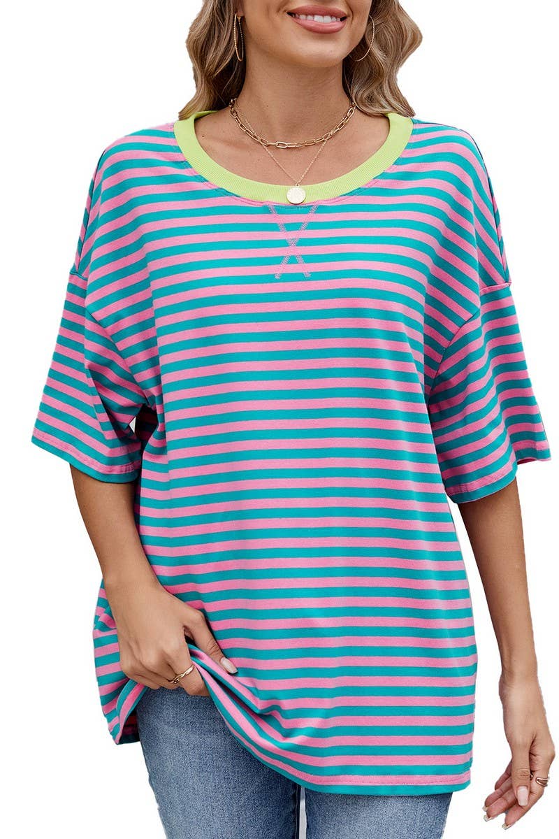 CWTBLS1736_STRIPED CONTRAST LOOSE SHORT-SLEEVED T-SHIRT TOP