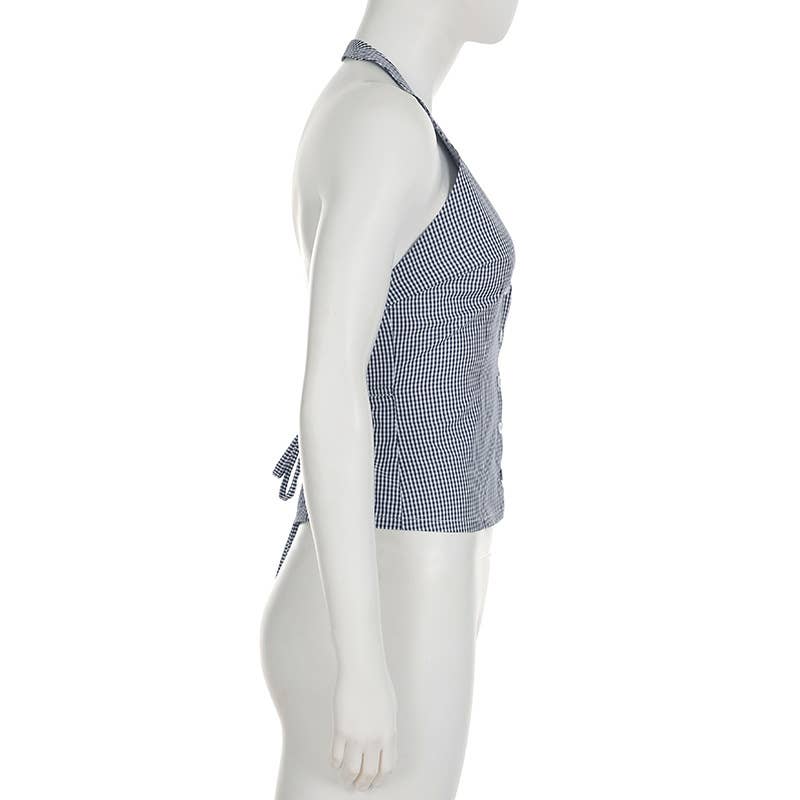 French button-down V-neck checkered halter vest