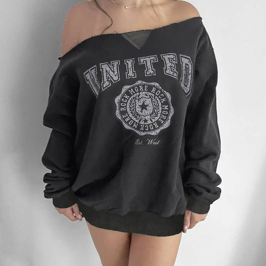 DARK PRINT LOOSE LARGE ROUND NECK PULLOVER HOODIE