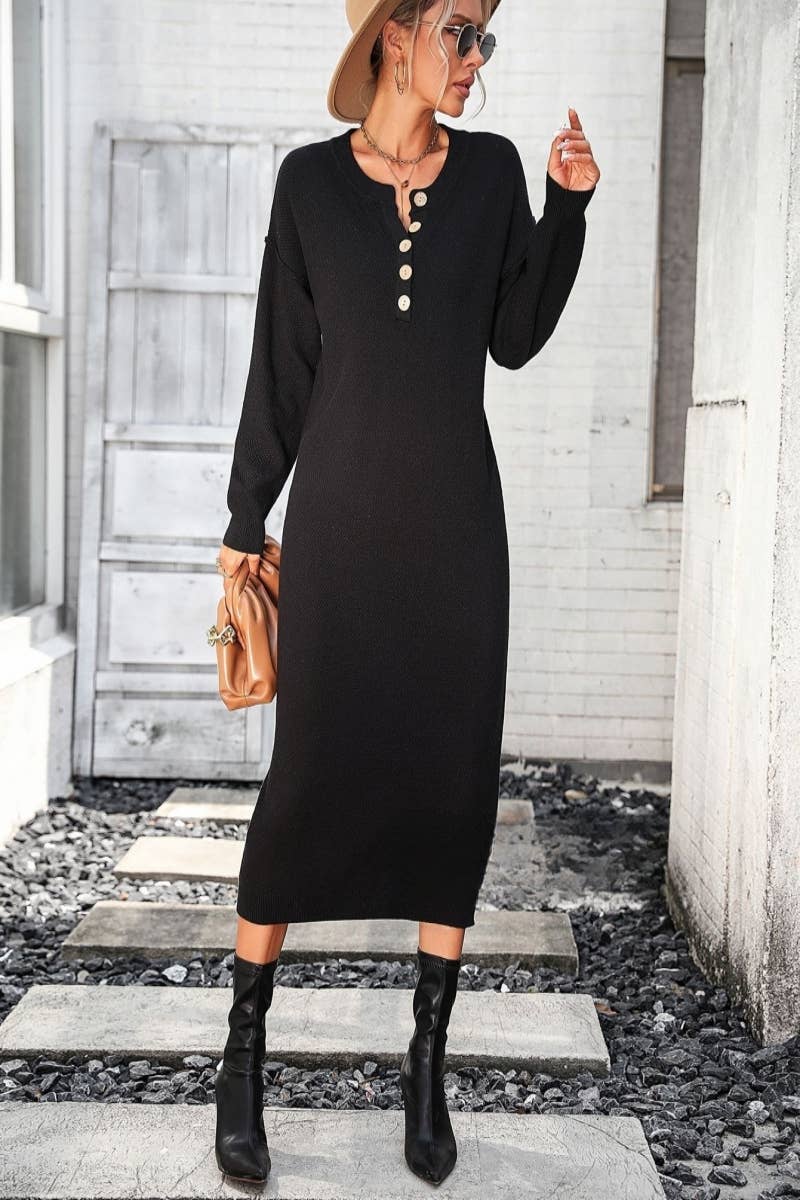 CWDMD538  Long Sleeve Loose V-Neck Button Tops Long Sweater