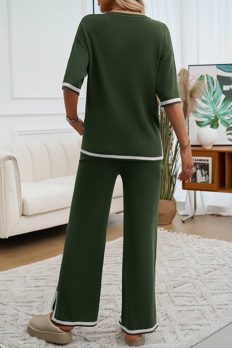 CWSTB0997_CONTRAST COLOR SHORTSLEEVED TROUSERS SWEATER SUIT