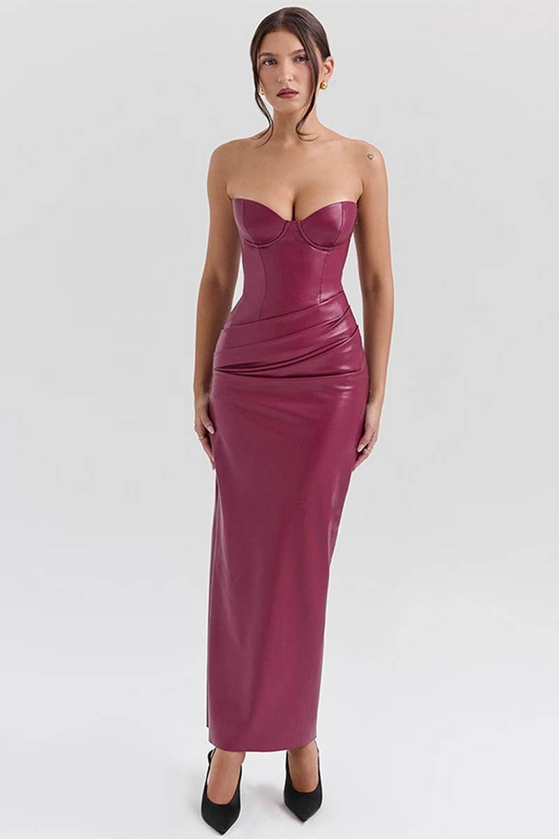 CWDTD0390_SOLID COLOR SEXY BACKLESS LEATHER TUBE DRESS