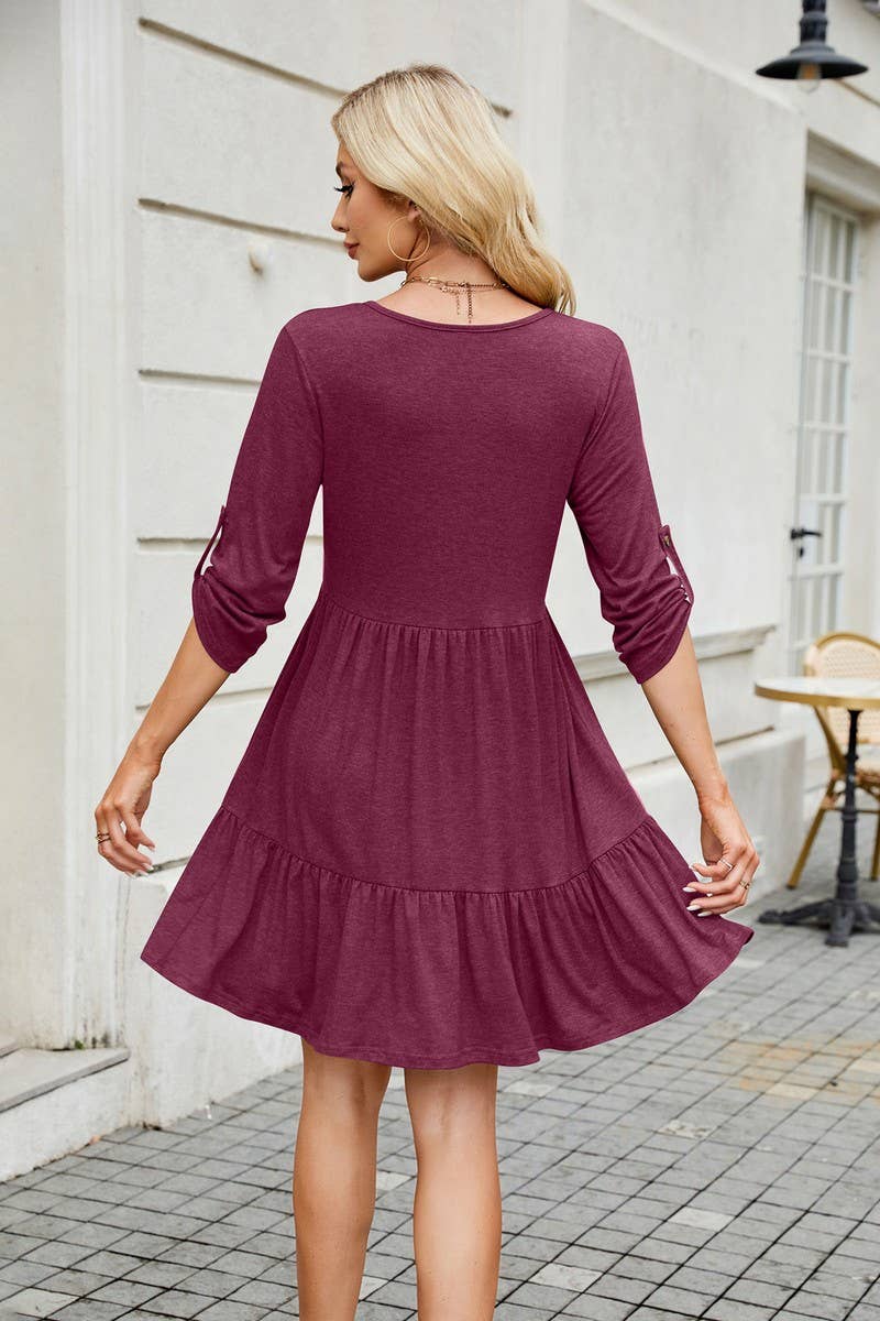 CWDSD8716_V-NECK LONG SLEEVE BUTTON FRONT LOOSE SOLID DRESS