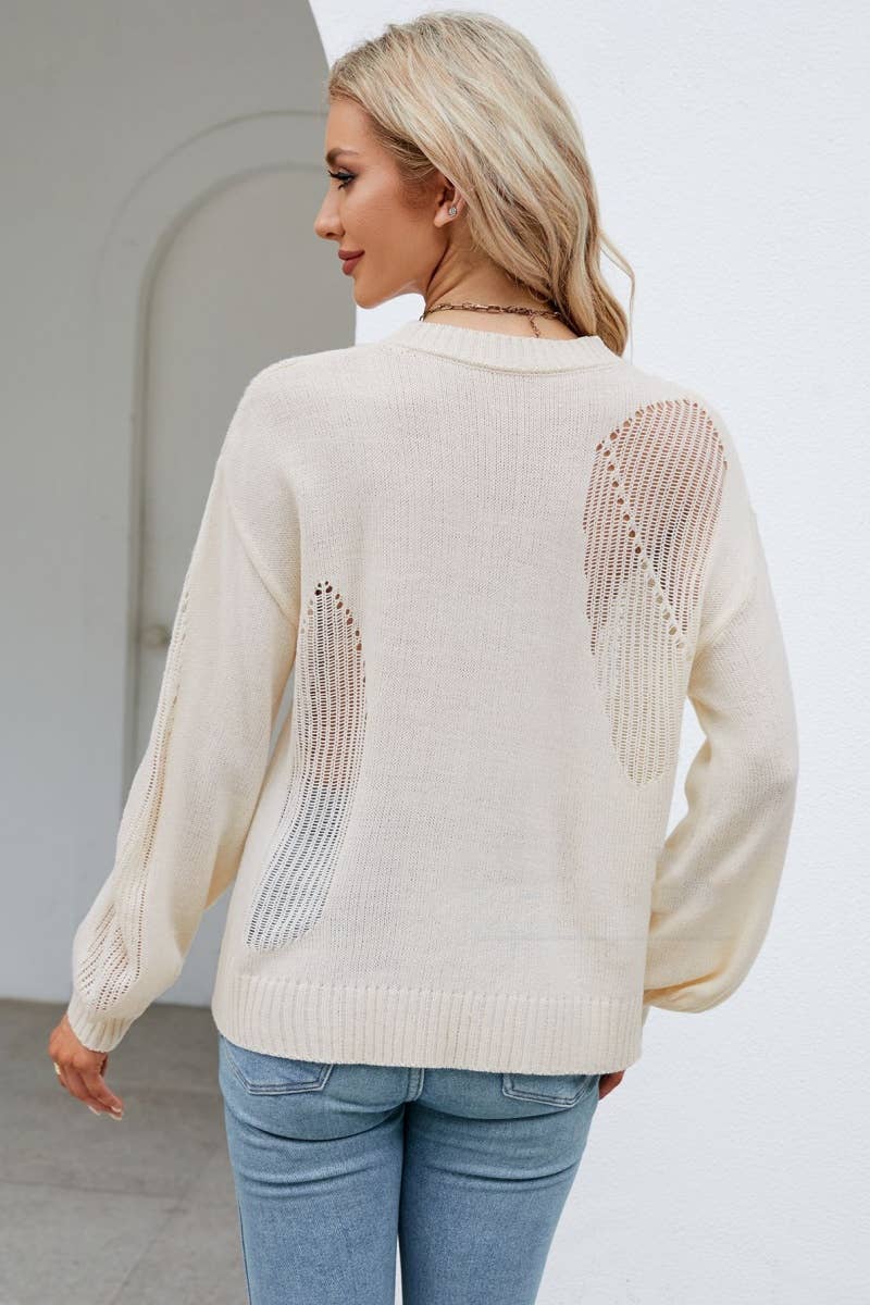 CWOSWL6485_CREW-NECK CUTOUT PATCHWORK LONG-SLEEVED SWEATER