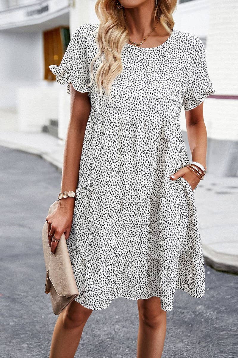 CWDSD2333_Round Neck Floral Ruffle Short Sleeve Dress