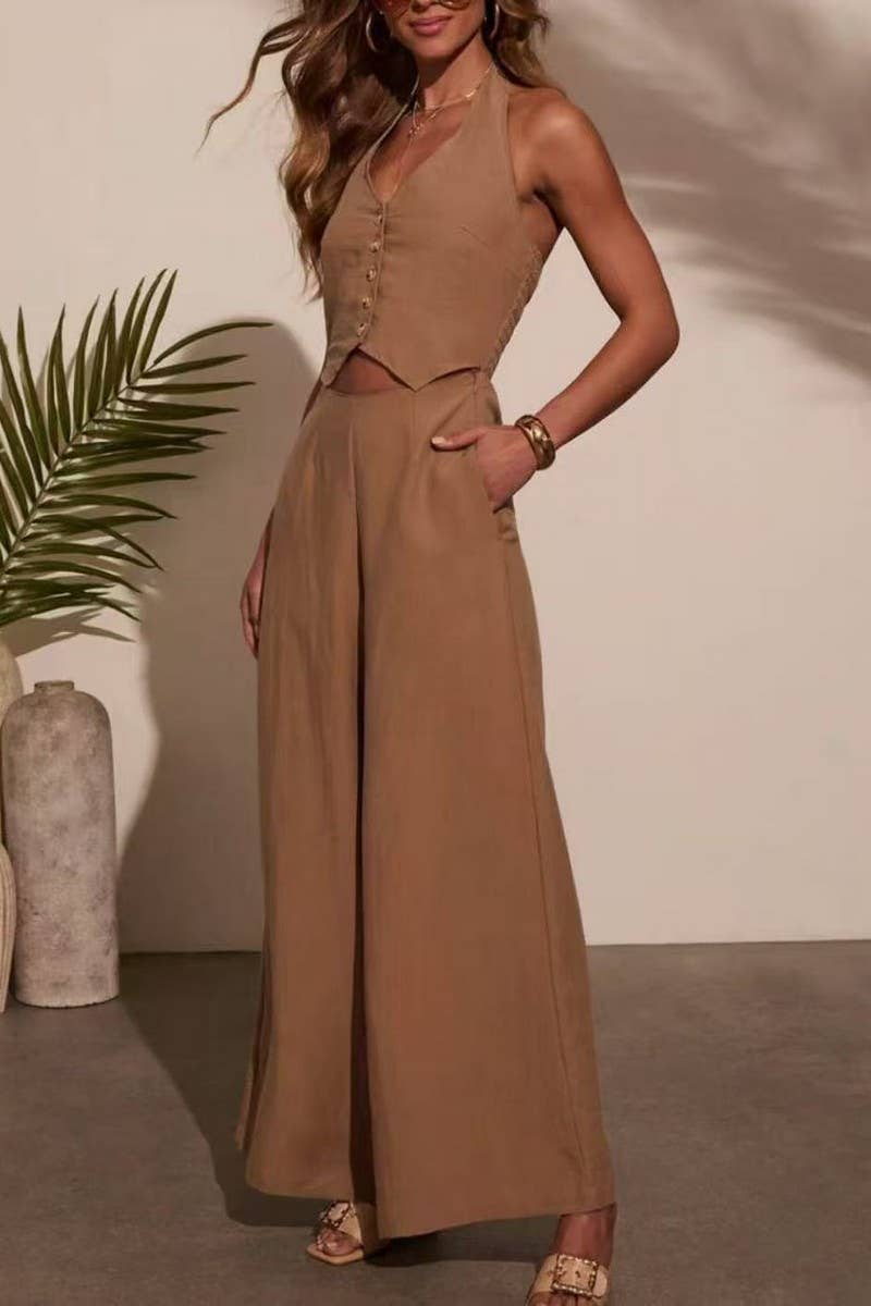 CWSJS1702_SOLID LINEN SLEEVELESS VEST WIDE LEG JUMPSUIT