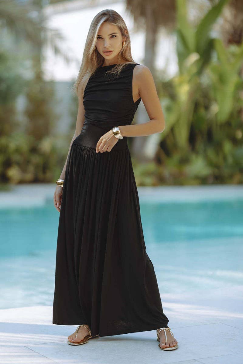 CWDMD5573_SEXY SLEEVELESS RUCHED SLIM FIT SOLID DRESS